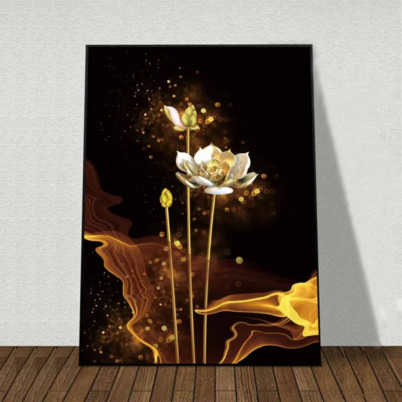 Tranh canvas hoa sen trắng trên nền vàng đen trừu tượng