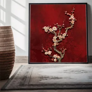 Cành Đào Trên Nền Đỏ Cổ Điển