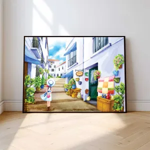 Tranh Canvas Cô Gái Đi Dạo Dưới Nắng Hè Khu Phố Châu Âu