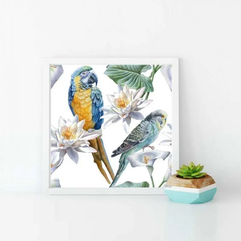 Tranh chim vẹt két cùng hoa sen trắng và hoa ly