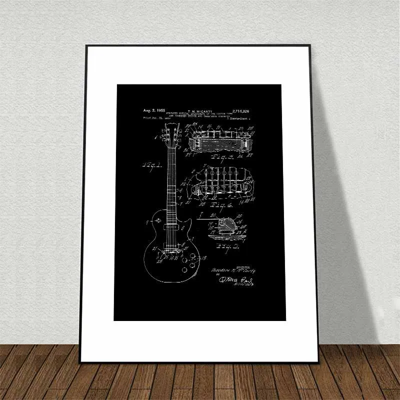 Tranh các mẫu thiết kế khoa học bản vẽ đàn guitar, máy ảnh, xe máy, xe đạp