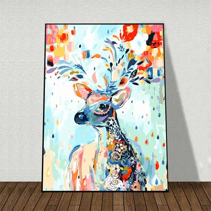 Tranh Nai trừu tượng nhiều màu sắc với hoa và chim trên sừng