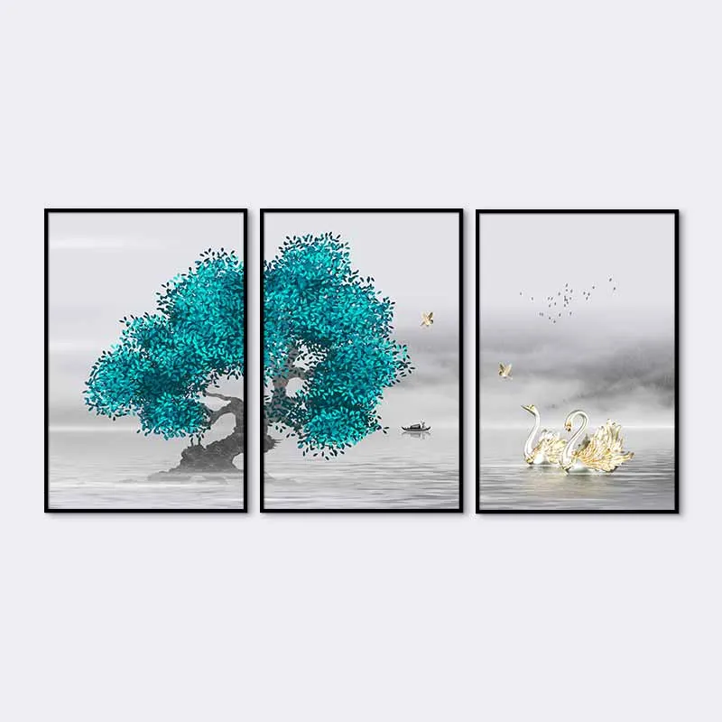 Tranh canvas trừu tượng cây xanh và đôi thiên nga bạc