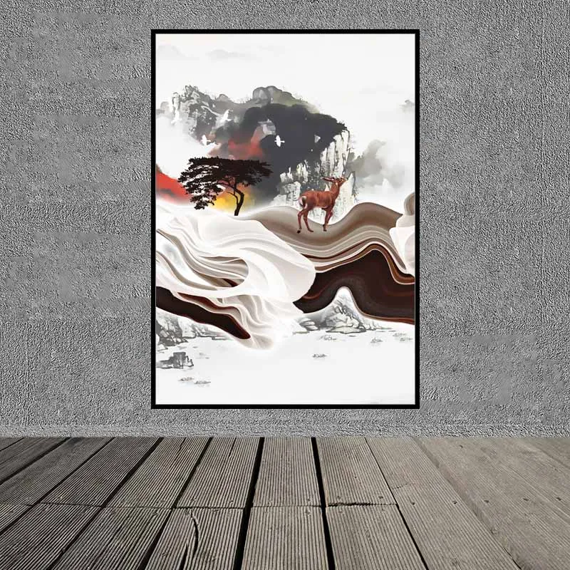 Tranh trừu tượng núi đồi và đàn hươu nai