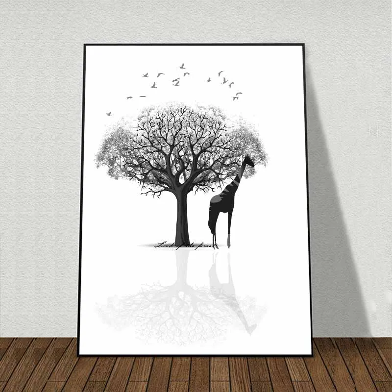 Tranh Nai và Hươu cao cổ trừu tượng đứng dưới cây khô