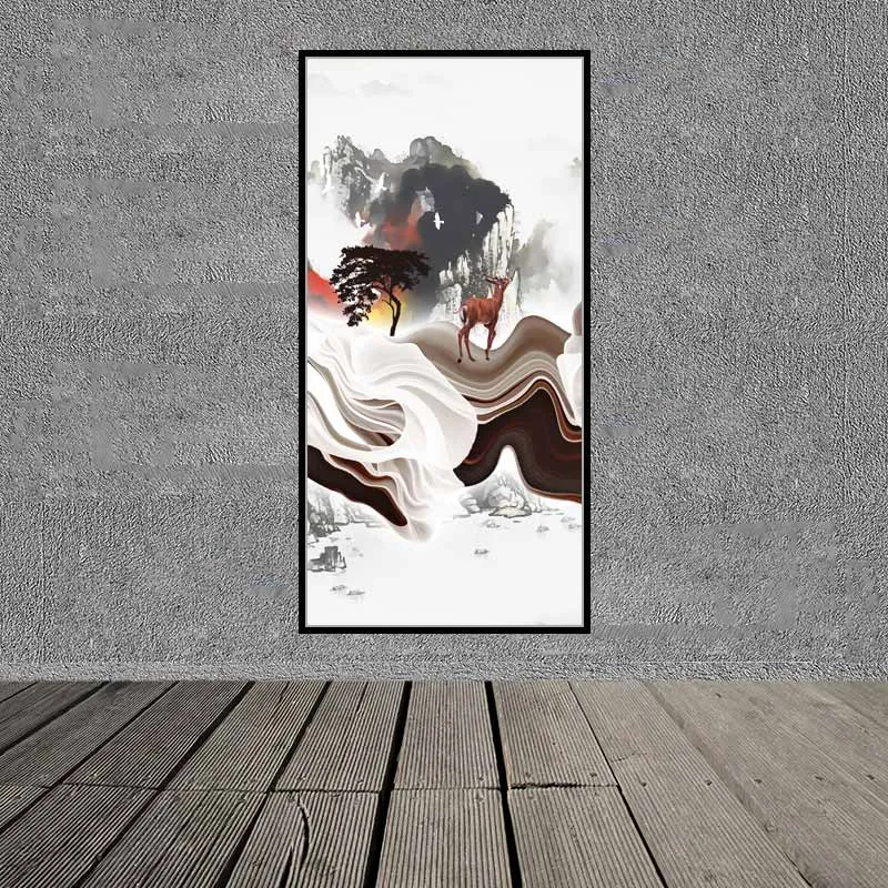 Tranh trừu tượng núi đồi và đàn hươu nai