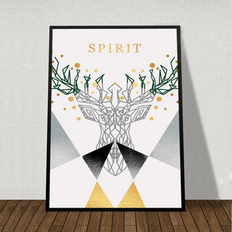 Tranh bộ trừu tượng gồm cây khô, nai, các hình tròn, chữ spirit, abstract simple