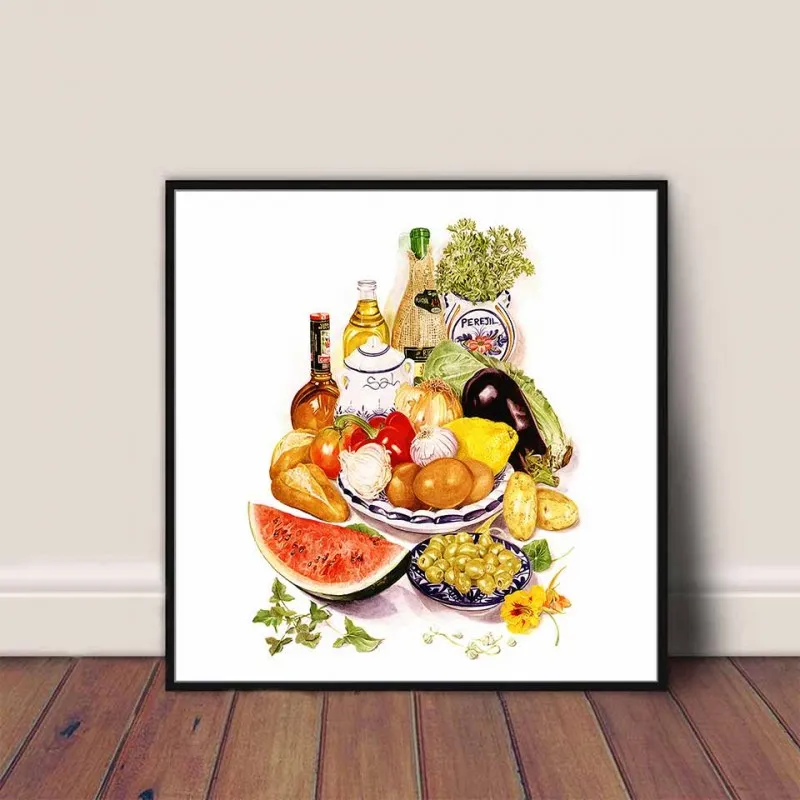 Tranh canvas chai rượu vang, hoa quả, trái cây, bắp cải, hành tỏi