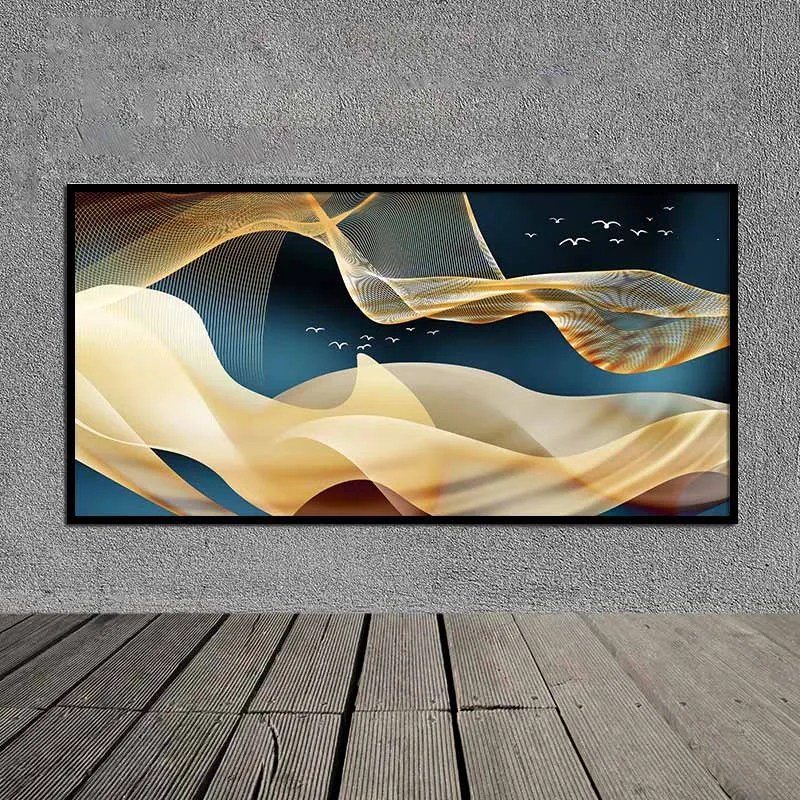 Tranh đàn chim bay trên dải mây trừu tượng