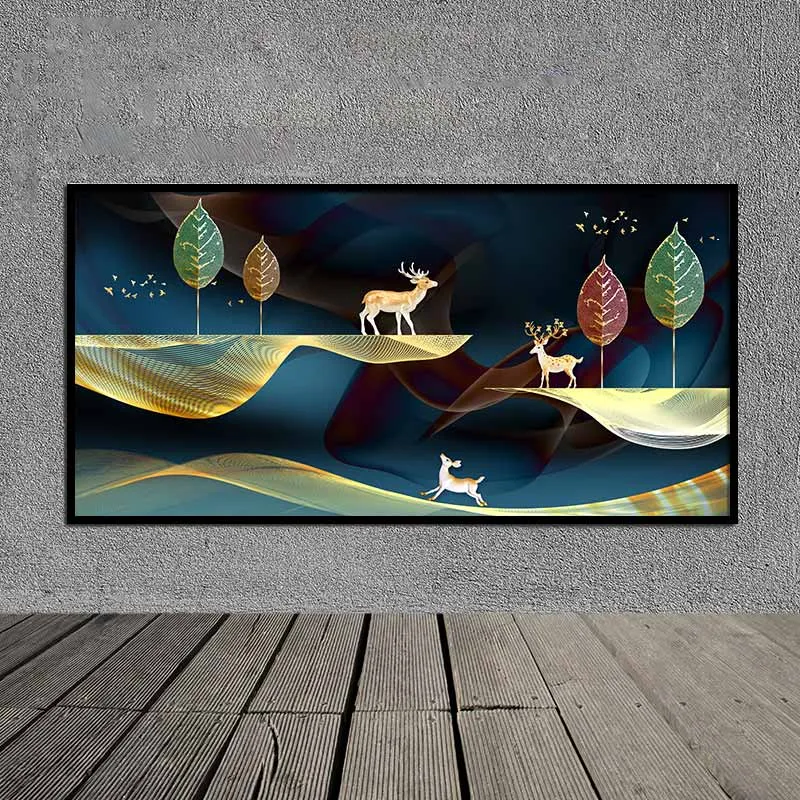 Tranh canvas đàn nai, đàn chim, lá cây và đồi núi trừu tượng