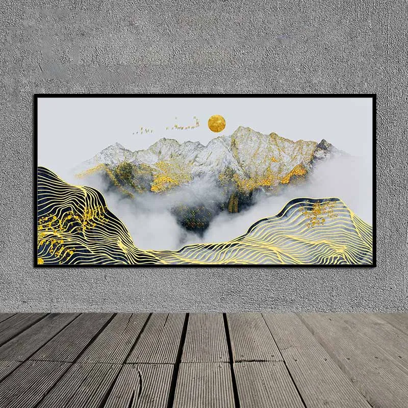 Tranh canvas phong cảnh đồi núi và đàn chim vàng trừu tượng