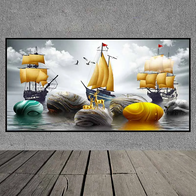 Tranh thuyền cánh buồm vàng và đàn nai vàng trừu tượng