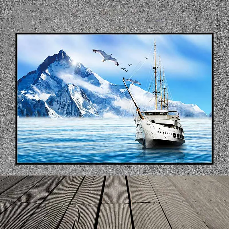 Tranh thuận buồm xuôi gió phong cảnh biển và thuyền buồm cùng chim hải âu