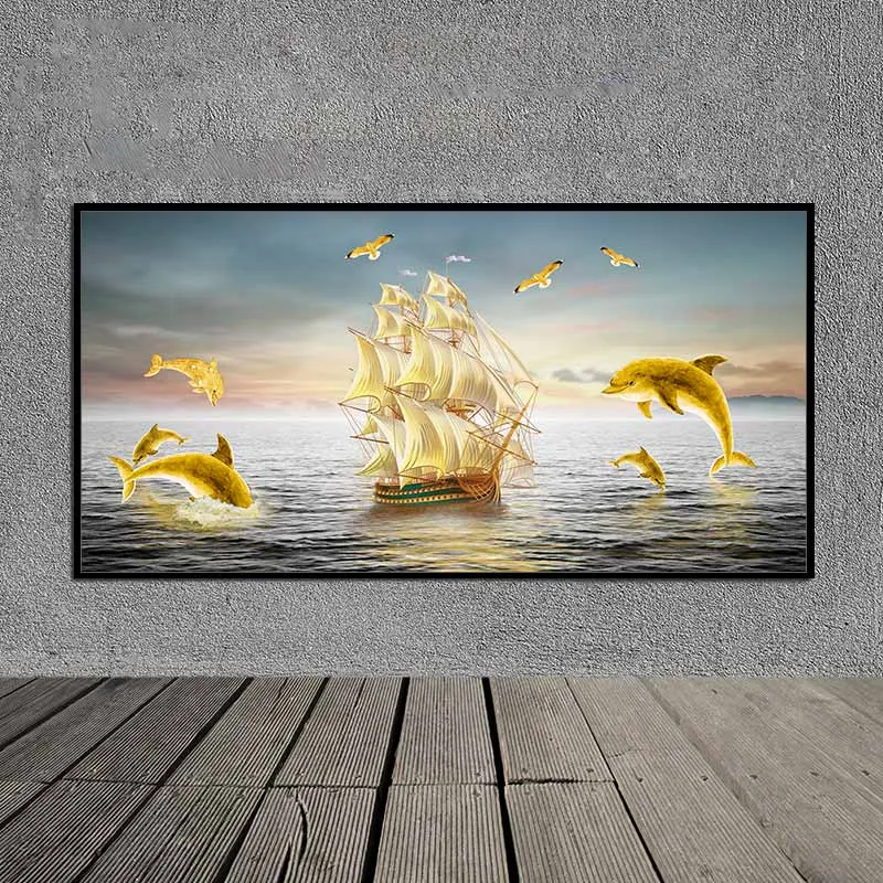 Tranh phong thủy đàn cá heo và thuyền buồm vàng