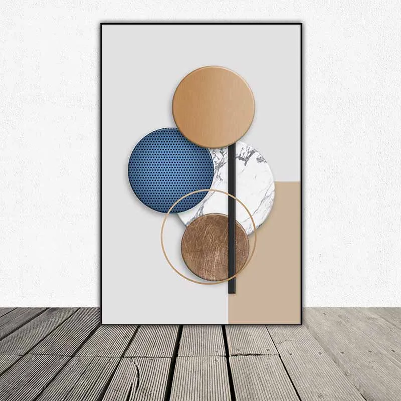 Tranh trừu tượng các khối hình học vòng tròn màu xanh và màu nâu