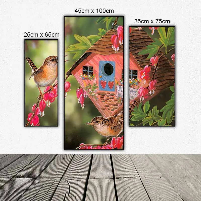 Tranh bộ 3 tấm ghép chim và hoa