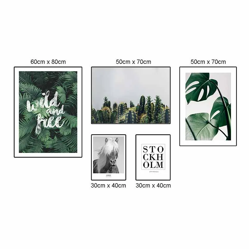 Tranh Canvas Scandinavian lá cây nhiệt đới và ngựa kết hợp chữ