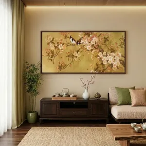 Đôi Chim Chào Mào Và Hoa Đào Trên Nền Vàng Cổ Điển