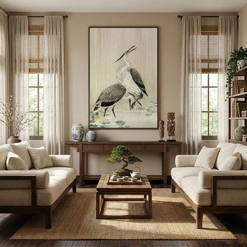 Tác phẩm tranh Đôi Diệc Dưới Mưa - Two Herons in the Rain phong cách Kacho-ga của Ohara Koson