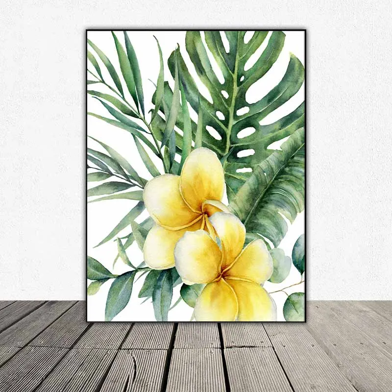 Tranh hoa hướng dương, lá cây nhiệt đới, hoa thiên điểu, đôi chim vẹt, chim két vàng