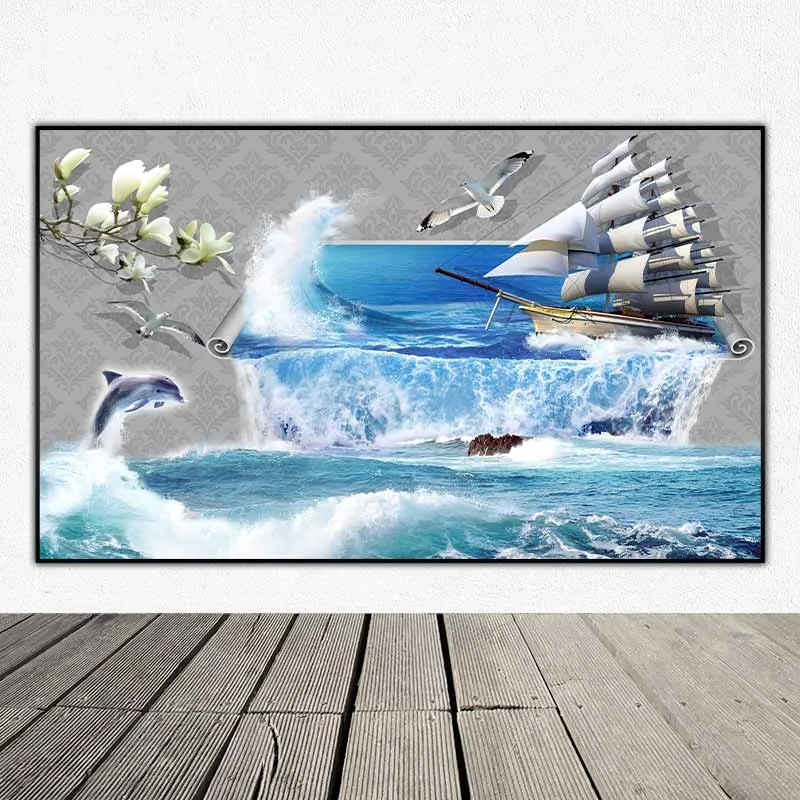 Tranh phong cảnh phong thủy thuận buồm xuôi gió và cá heo
