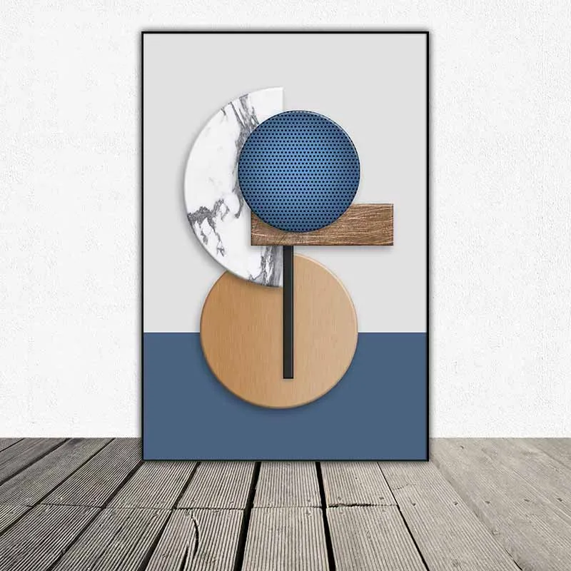 Tranh trừu tượng các khối hình học vòng tròn màu xanh và màu nâu