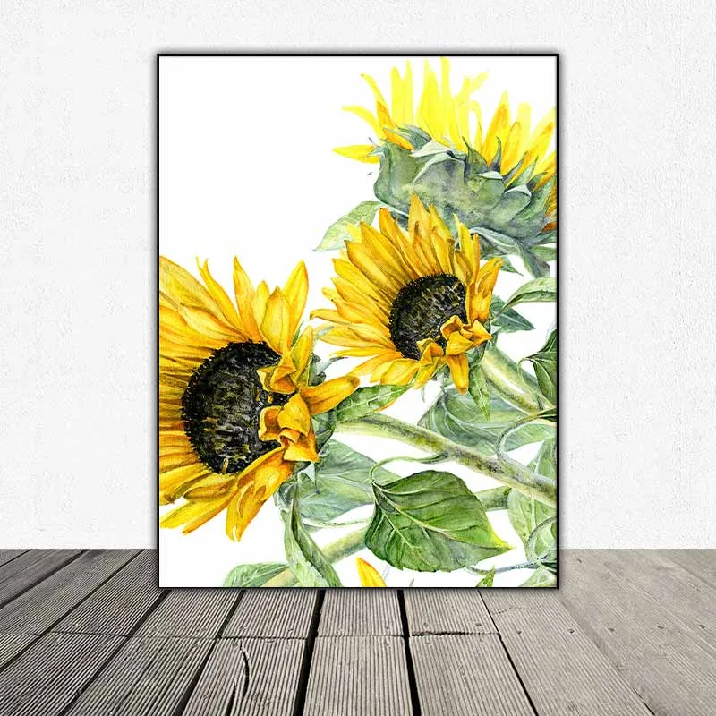 Tranh hoa hướng dương, lá cây nhiệt đới, hoa thiên điểu, đôi chim vẹt, chim két vàng