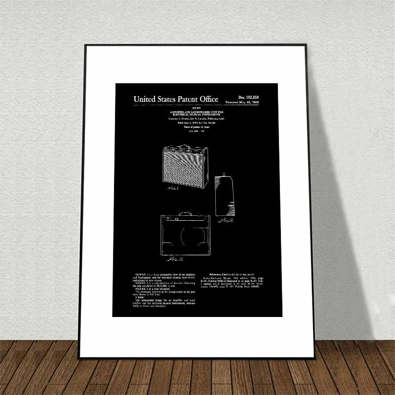 Tranh các mẫu thiết kế khoa học bản vẽ đàn guitar, máy ảnh, xe máy, xe đạp