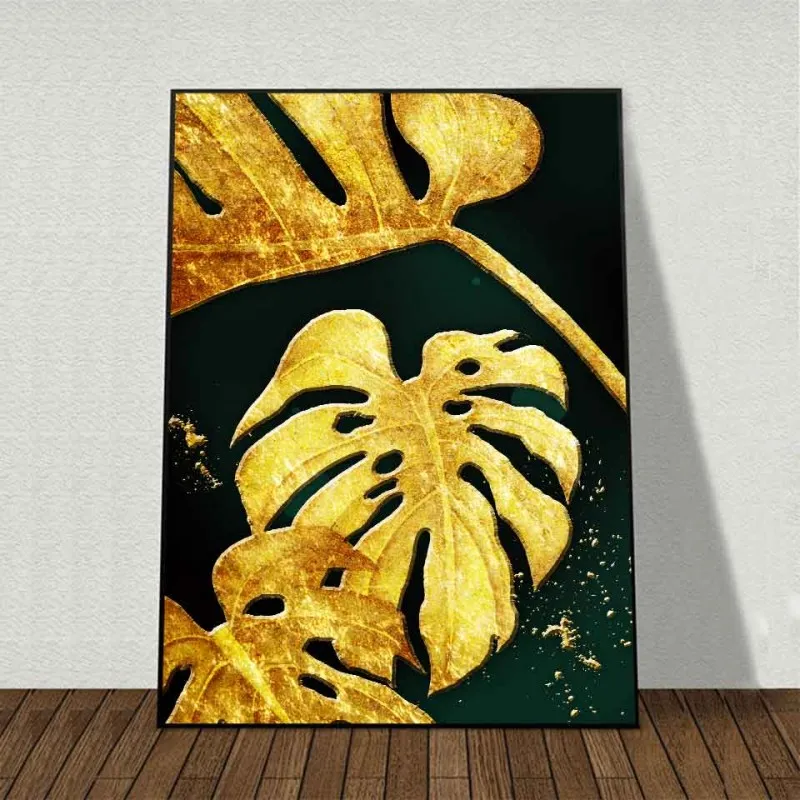 Tranh canvas lá cây nhiệt đới vàng gold