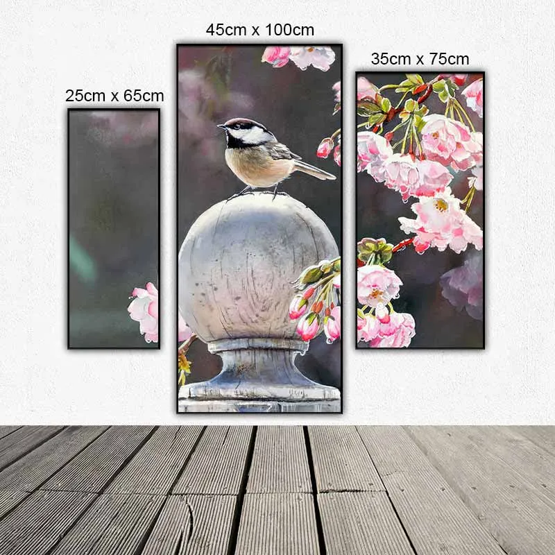 Tranh bộ 3 tấm ghép chim và hoa