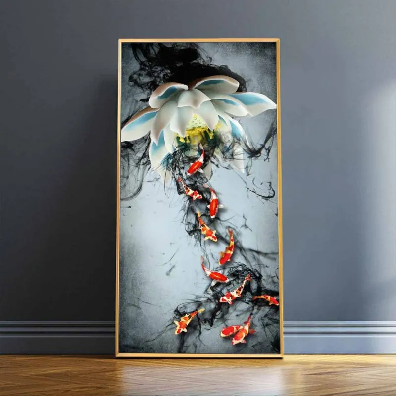 Tranh canvas 6 tấm phong thủy cửu ngư 9 con cá chép và hoa sen