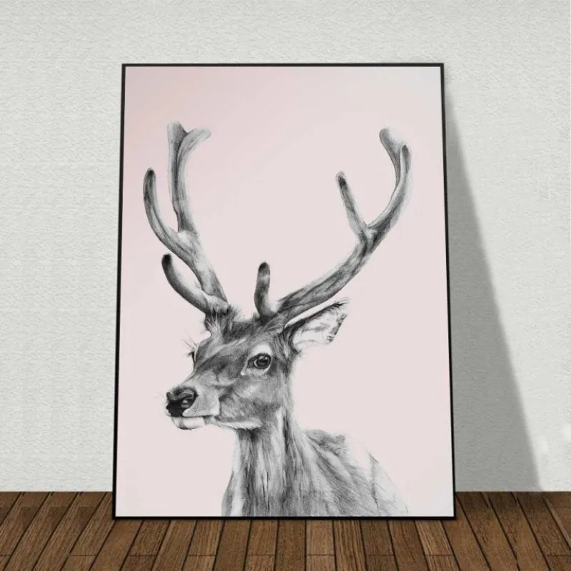 Tranh canvas Scandinavian chân dung cô gái, nai và hoa kết hợp chữ