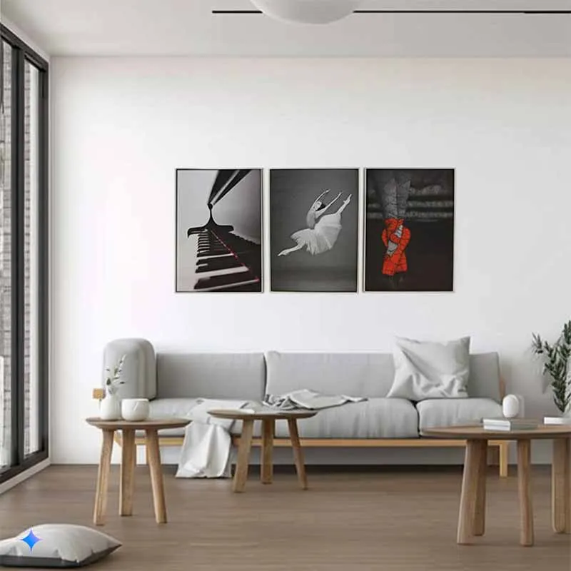 Tranh nghệ thuật đen trắng hiện đại: đàn piano, vũ công ballet