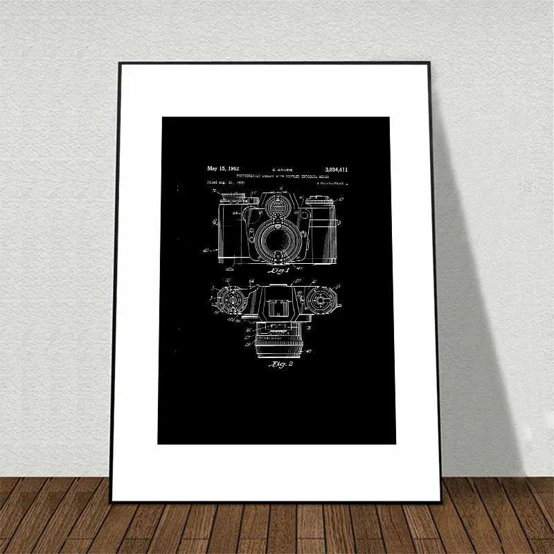 Tranh các mẫu thiết kế khoa học bản vẽ đàn guitar, máy ảnh, xe máy, xe đạp