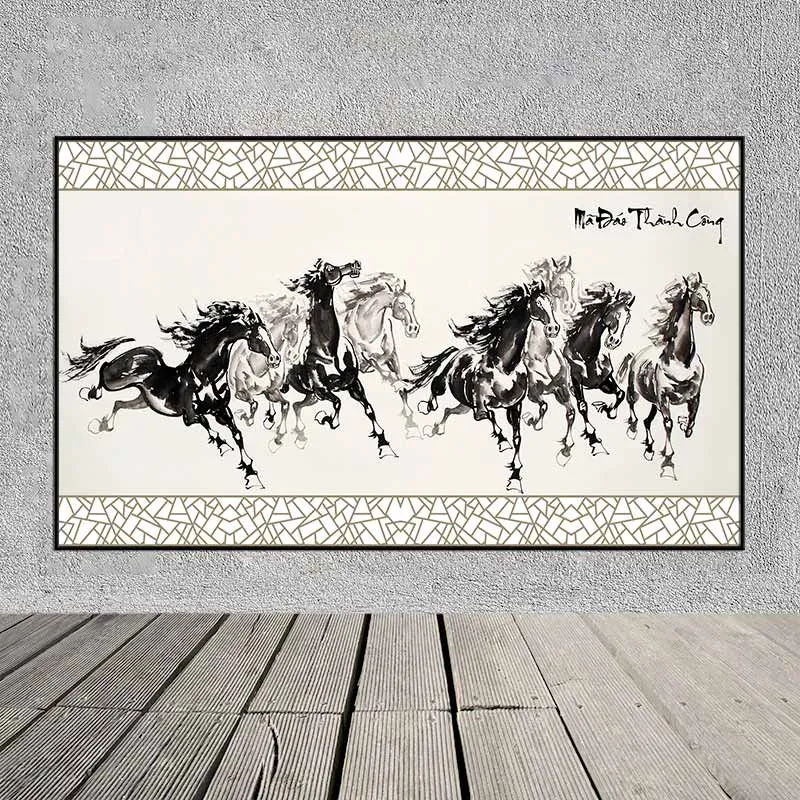 Tranh bát mã, mã đáo thành công theo phong cách tranh thủy mặc