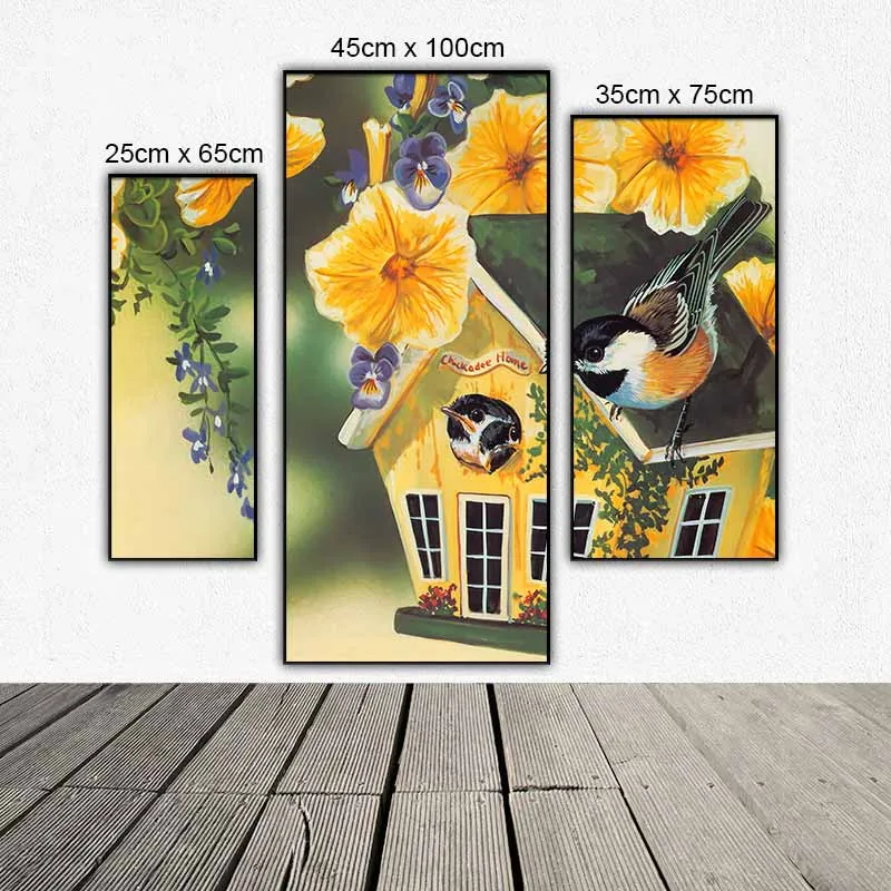 Tranh bộ 3 tấm ghép chim và hoa