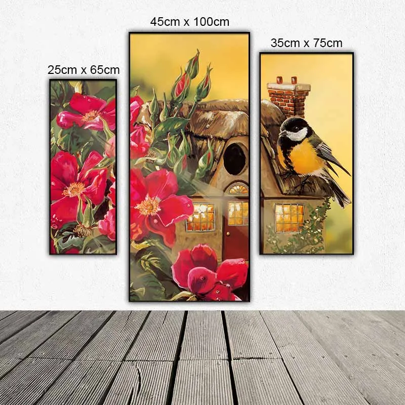 Tranh bộ 3 tấm ghép chim và hoa
