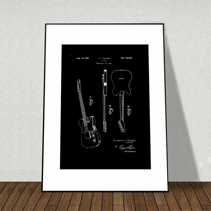 Tranh các mẫu thiết kế khoa học bản vẽ đàn guitar, máy ảnh, xe máy, xe đạp