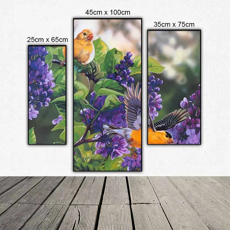 Tranh bộ 3 tấm ghép chim và hoa