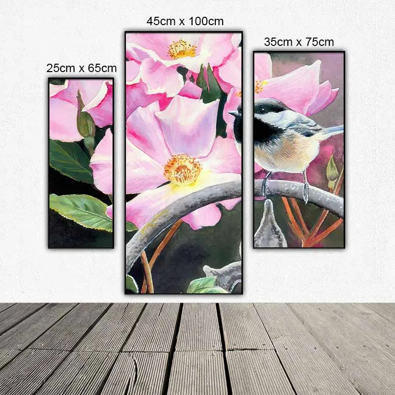 Tranh bộ 3 tấm ghép chim và hoa