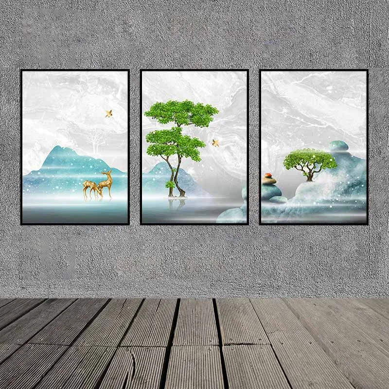 Tranh phong thủy 2 con nai vàng đứng cạnh cây xanh, phía trên có 2 con chim vàng