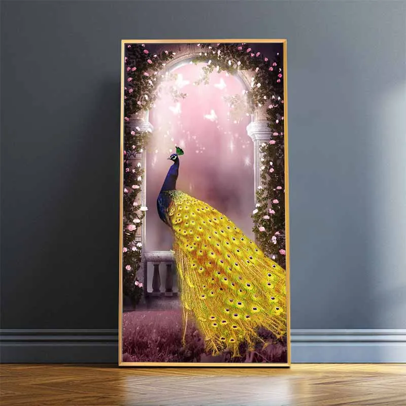 Tranh chim công xanh đuôi vàng đứng trên khung cửa sổ