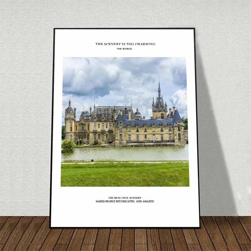 Tranh kiến trúc nổi tiếng lâu đài Chantilly, lăng mộ Tāj Mahal và nhà thờ với tháp nghiêng Pisa