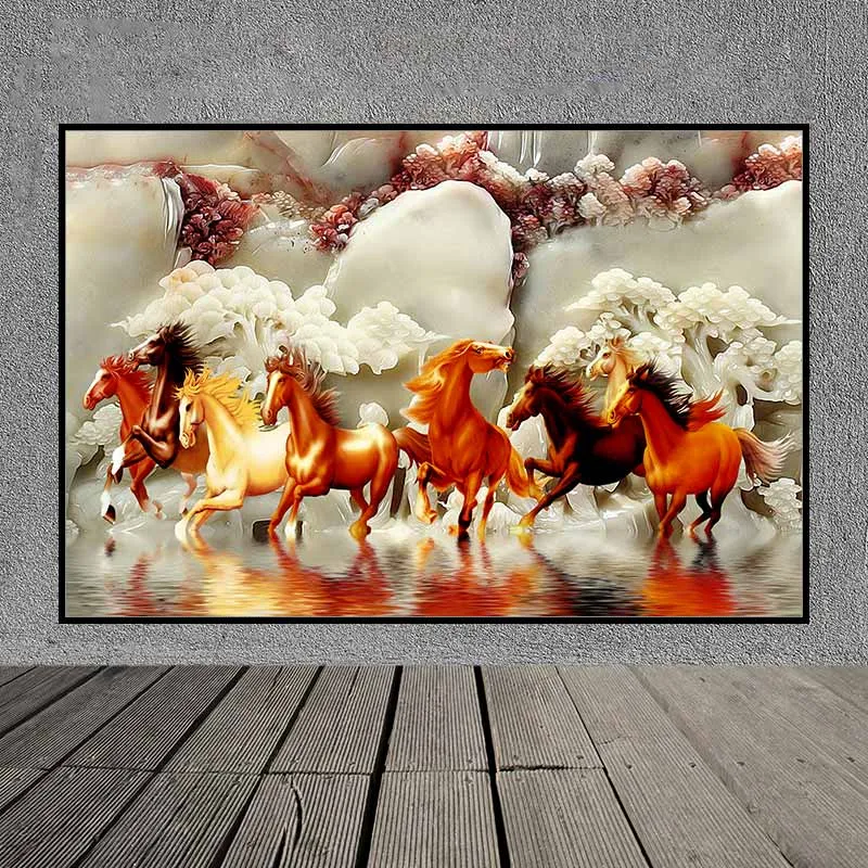 Tranh bát mã, mã đáo thành công trên nền đá phong thủy