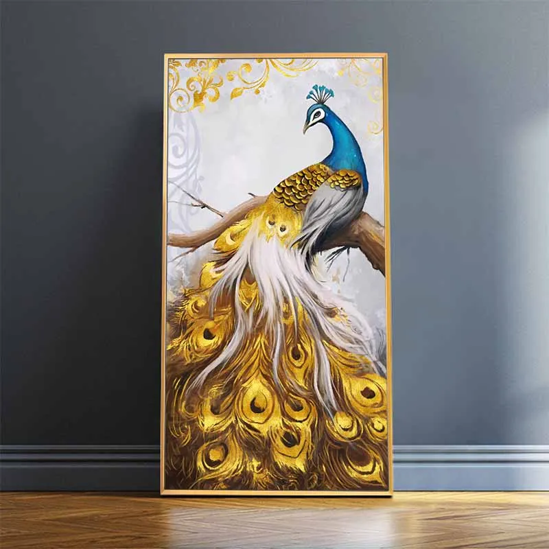 Tranh chim công xanh đuôi vàng đậu trên cành cây