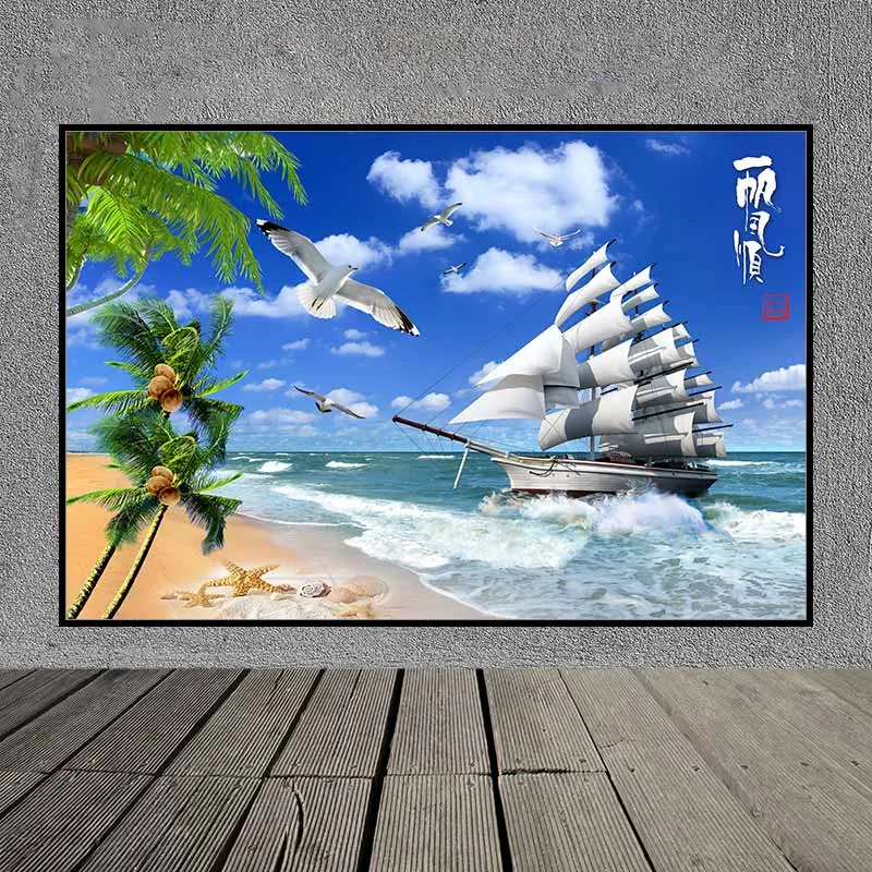 Tranh phong thủy thuận buồm xuôi gió, tranh thuyền buồm và đàn chim hải âu