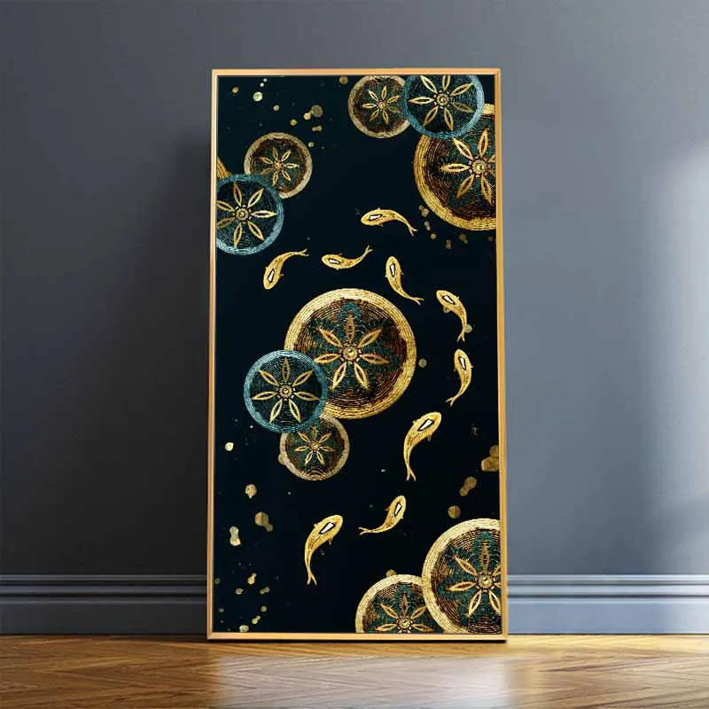 Tranh phong thủy cửu ngư quần hội và hoa lá sen trừu tượng