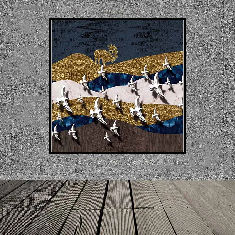 Tranh đàn chim và núi đồi vàng trừu tượng