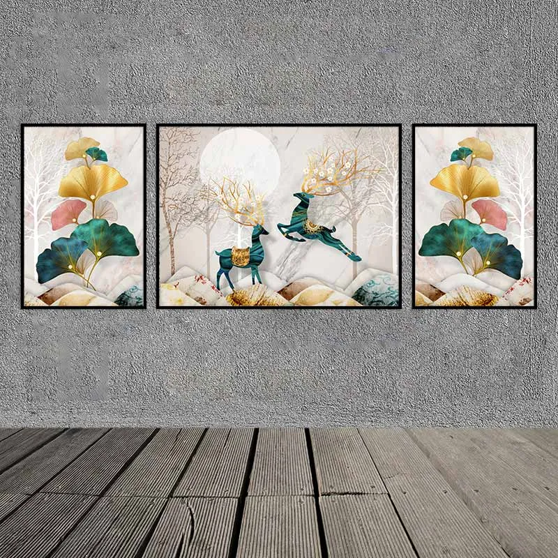 Tranh 2 con hươu nai trên nền cây khô trừu tượng