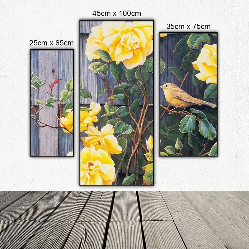 Tranh bộ 3 tấm ghép chim và hoa